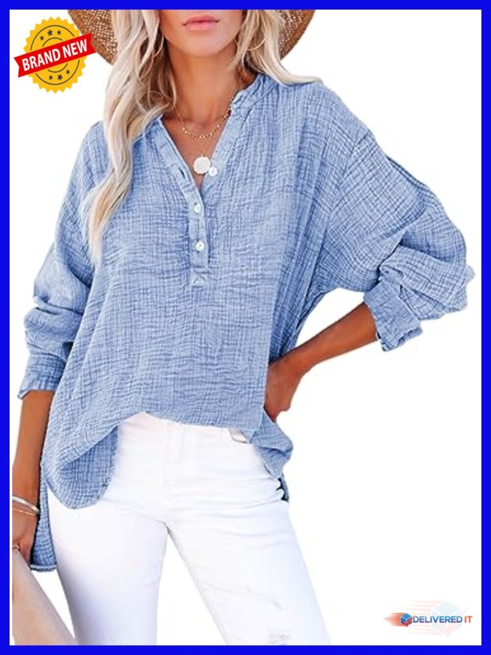 Womens V Neck Long Sleeve Cotton Button Up Blouse Loose Fit Top